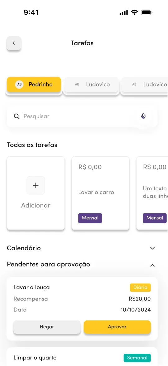 Tela de tarefas no app Powpay: aprovar ou negar as tarefas do filho