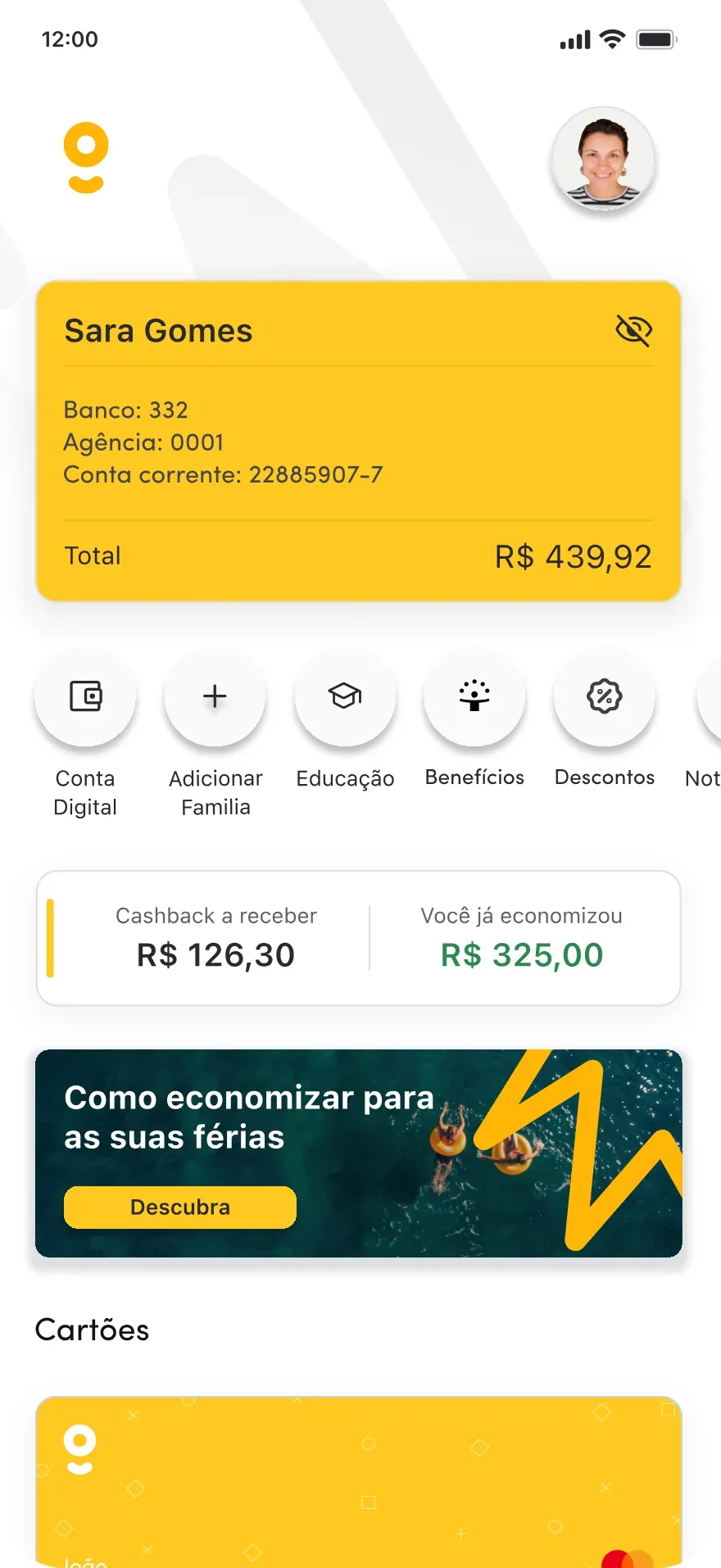 Tela do responsável no app Powpay: saldo, cashback e cartões