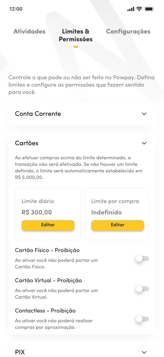Tela de limites e permissões no app Powpay: o pai liga e desliga Pix, boleto e cartão da conta do filho